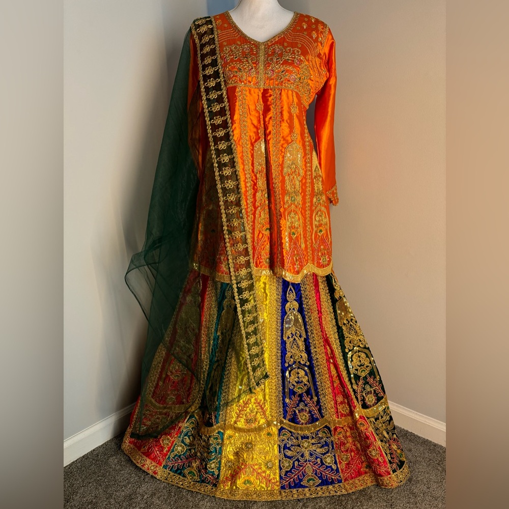 Mehndi Dress Pakistani Indian Wedding Dholki Formal Wedding Dress Orange Green